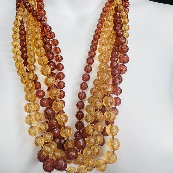 Vintage Chunky Amber Yellow Lucite Multi Strand Beaded Necklace Dome Box Clasp - Picture 7 of 16